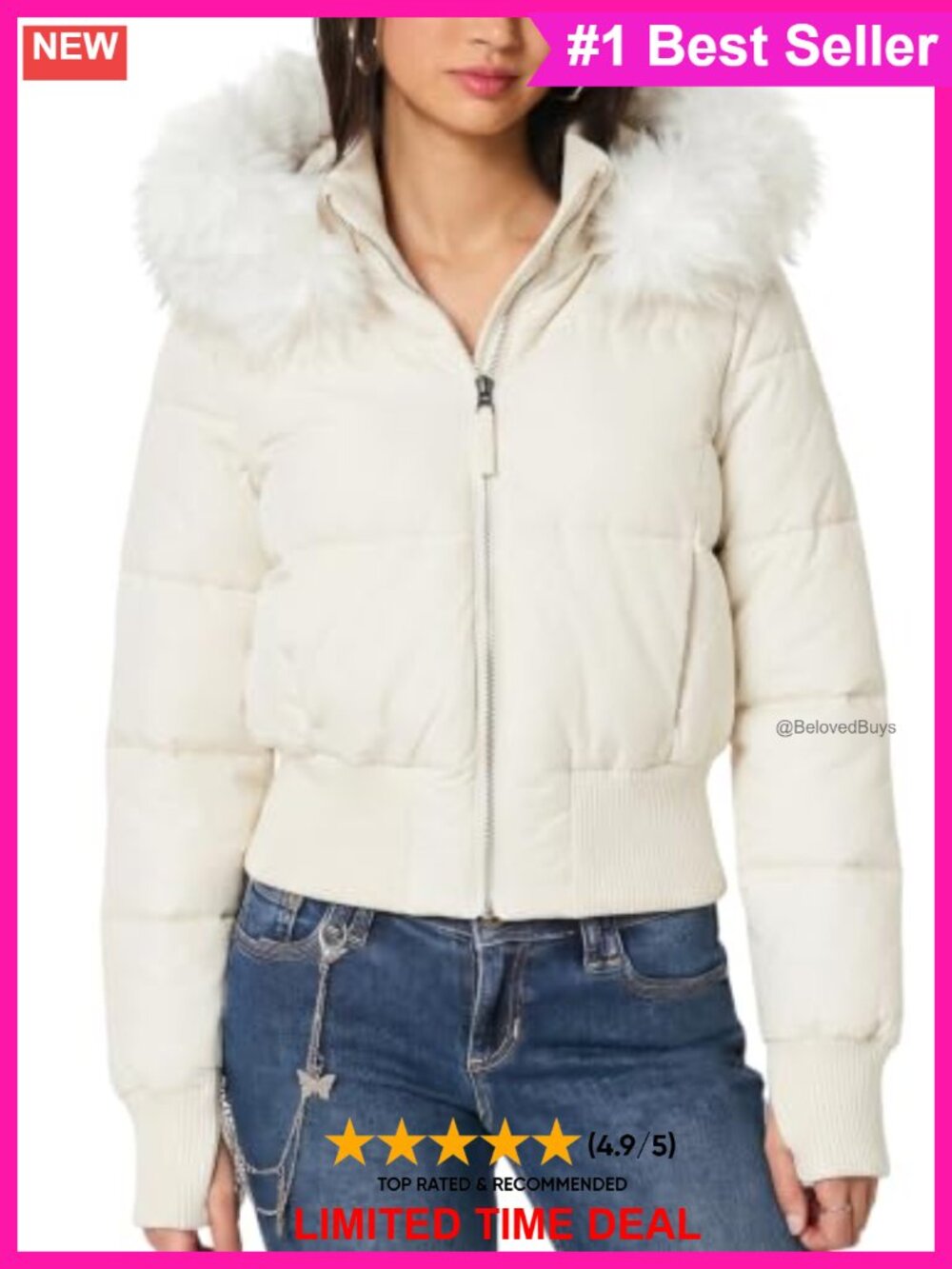 Cropped Puffer Jacket Hooded Quilted Faux Fur Trim Winter Coat